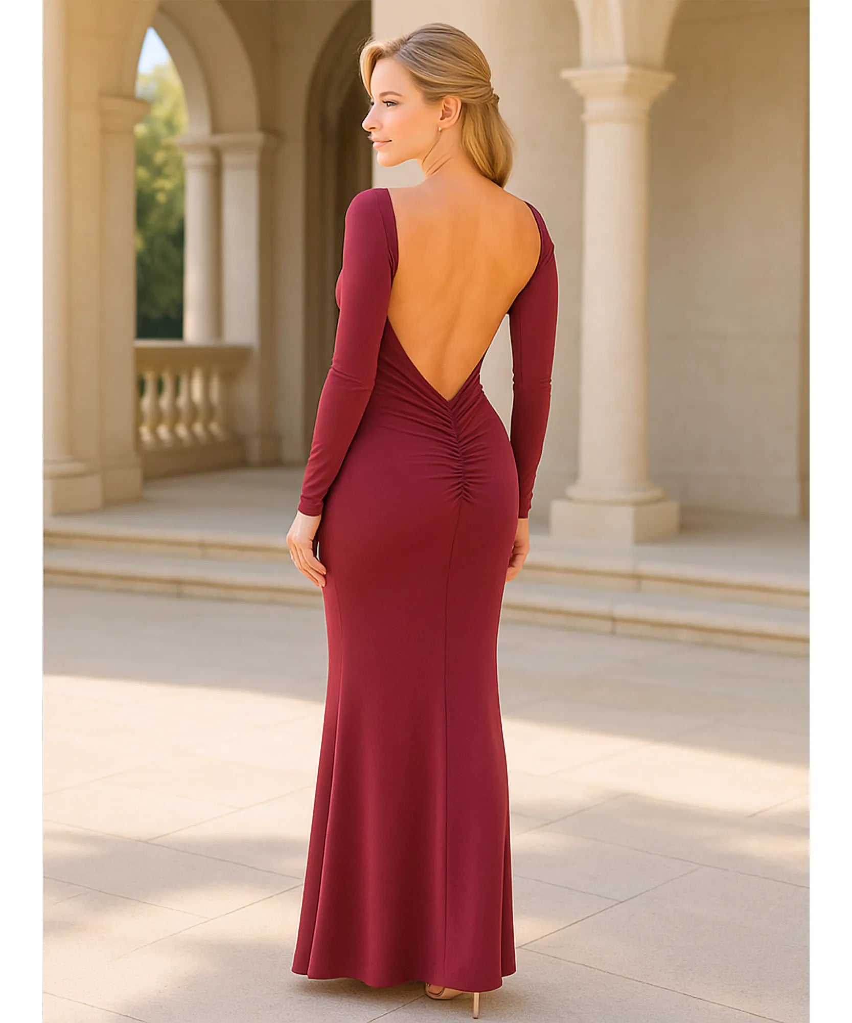 Comprar vestido longo de festa vinho manga longa elegante tubinho decote canoa casamento formatura barato em promoção LADY DRESS
