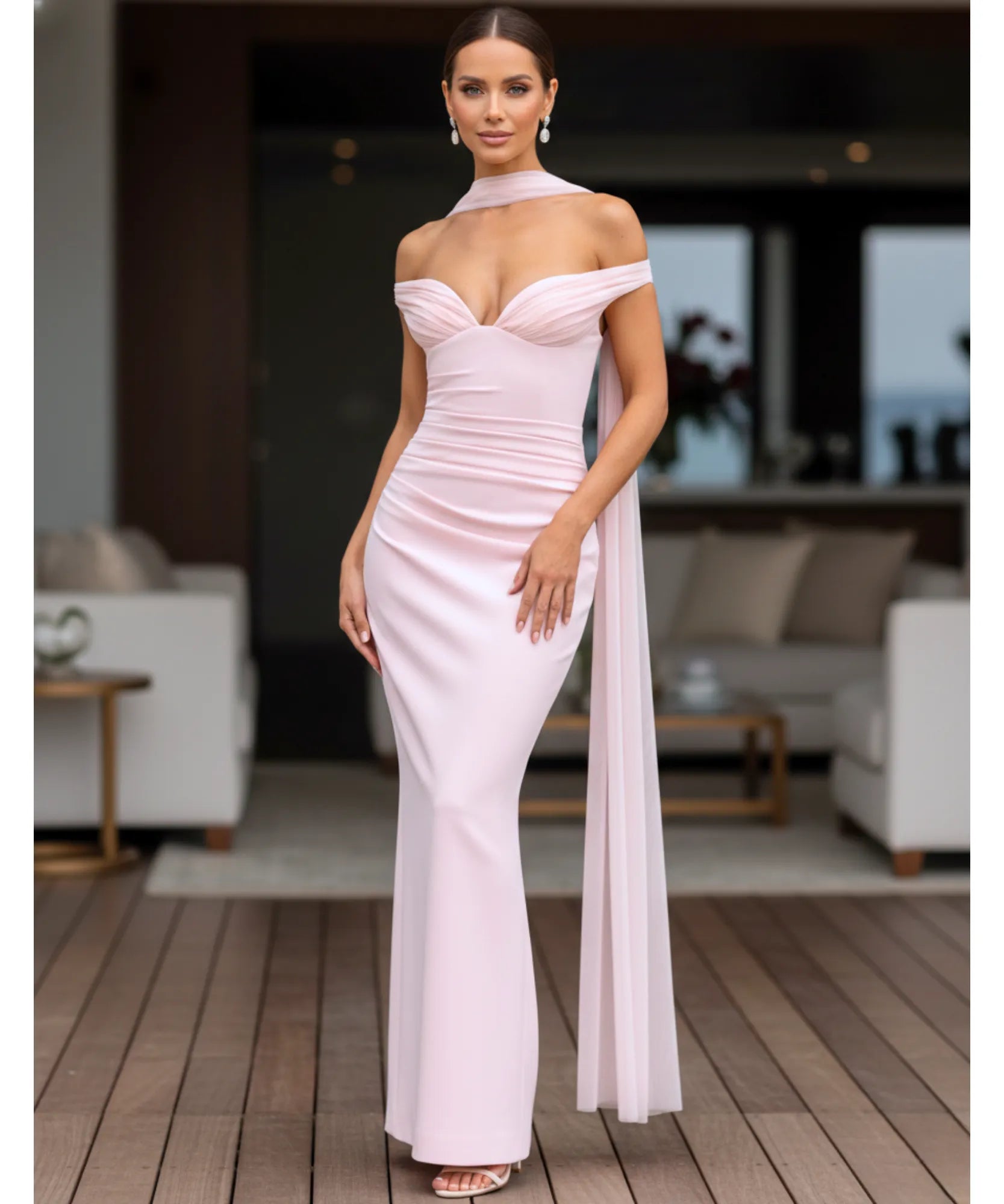 Comprar vestido longo festa ombro a ombro tubinho elegante drapeado casamento formatura em promoção ZARA