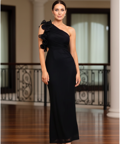 Comprar vestido longo de festa ombro só babados chiffon drapeado elegante casamento noite barato em promoção LADY DRESS