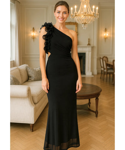 Comprar vestido longo de festa preto ombro só babados chiffon drapeado elegante casamento noite barato em promoção LADY DRESS
