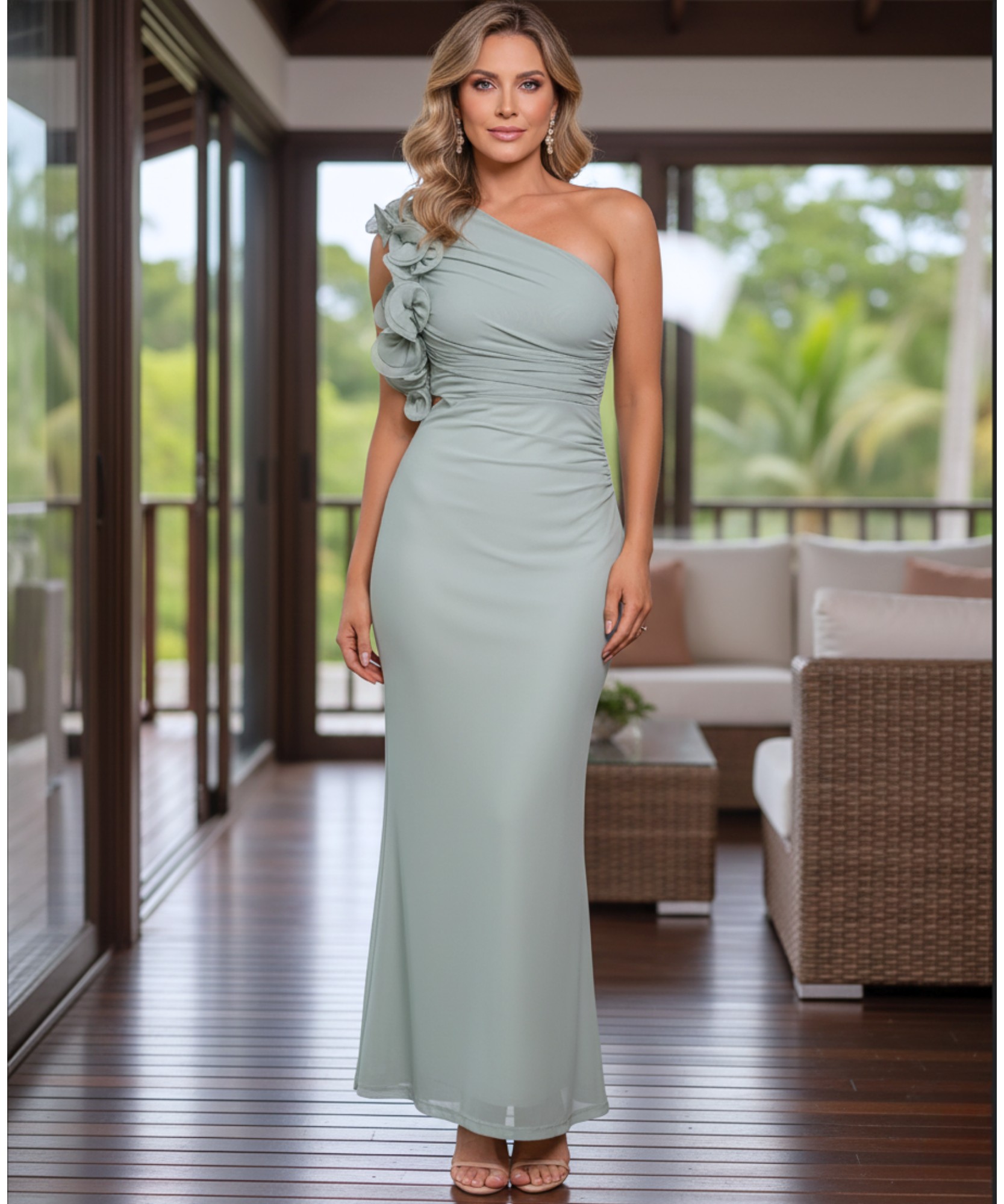 Comprar vestido longo de festa ombro só babados chiffon drapeado elegante casamento noite barato em promoção LADY DRESS