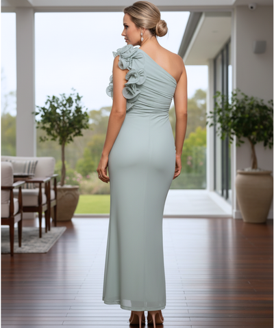 Comprar vestido longo de festa ombro só babados chiffon drapeado elegante casamento noite barato em promoção LADY DRESS
