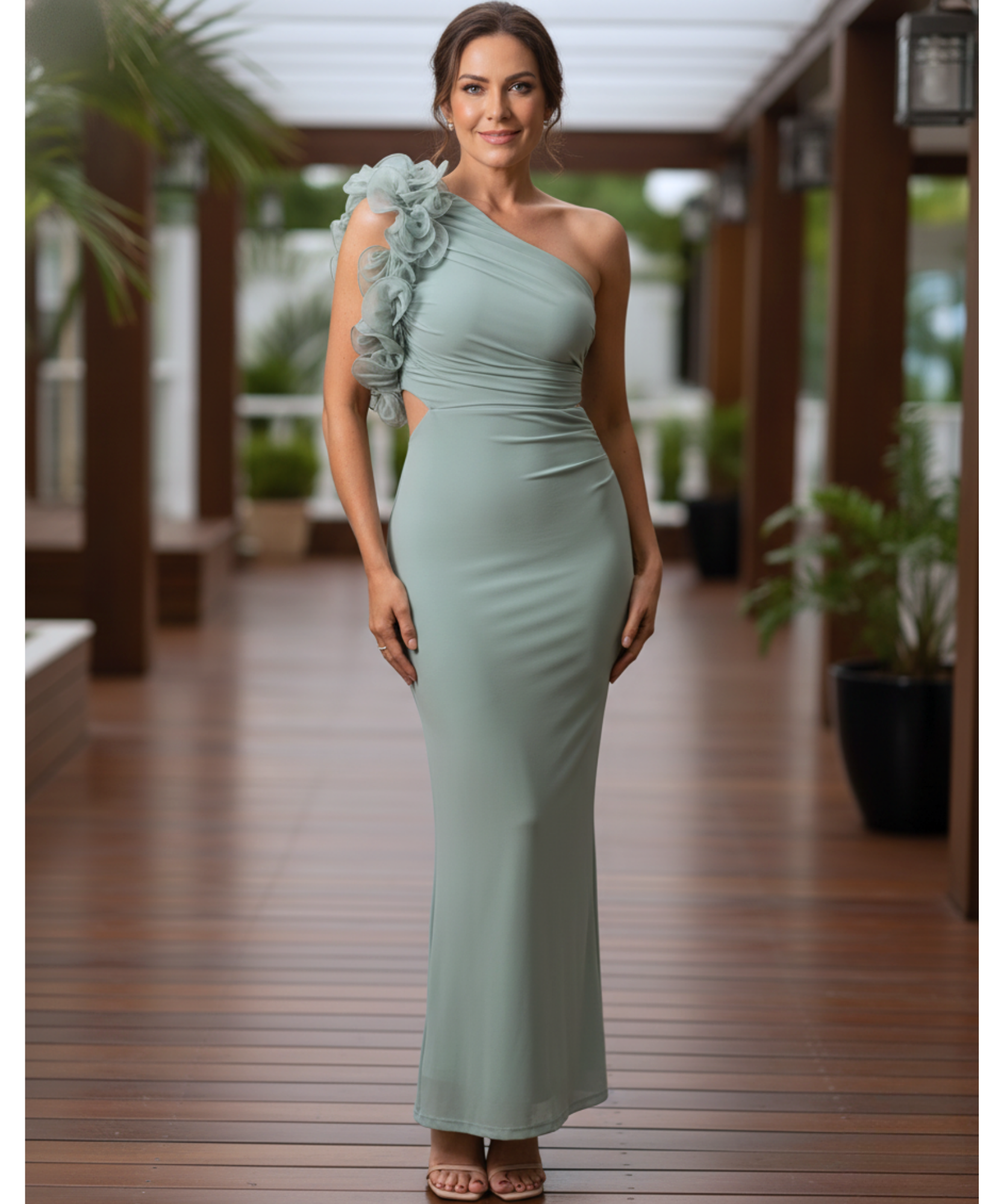 Comprar vestido longo de festa ombro só babados chiffon drapeado elegante casamento noite barato em promoção LADY DRESS