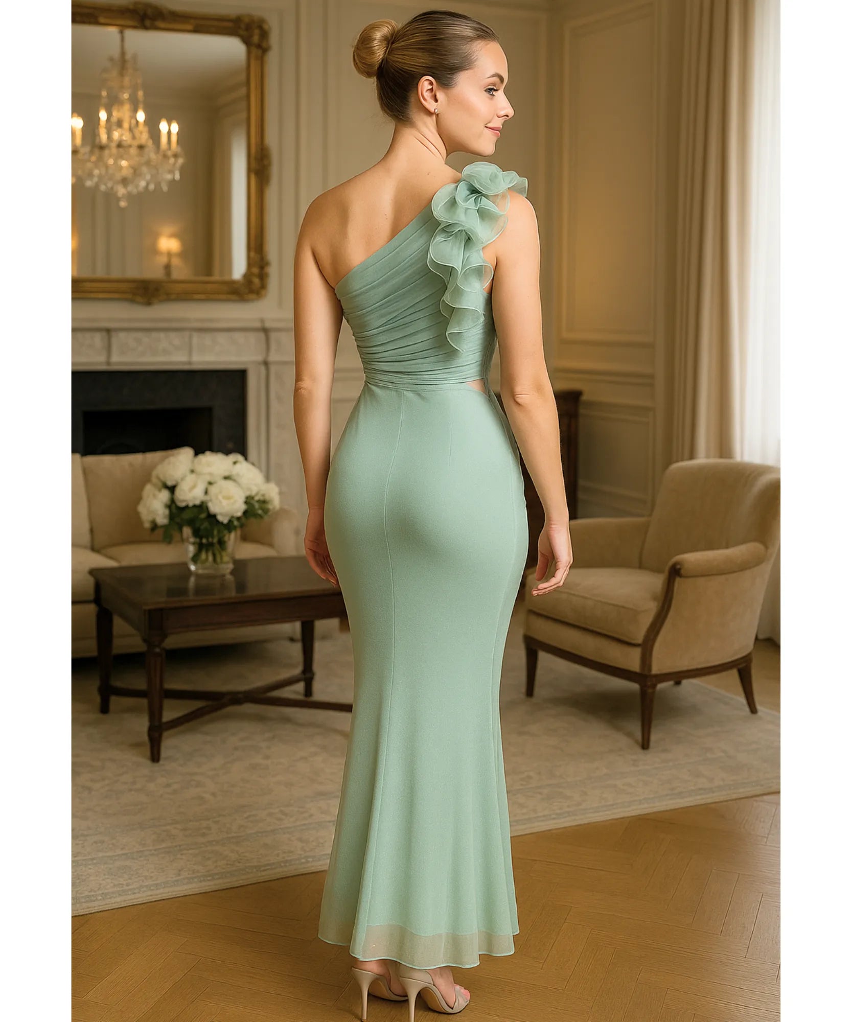 Comprar vestido longo de festa verde ombro só babados chiffon drapeado elegante casamento noite barato em promoção LADY DRESS