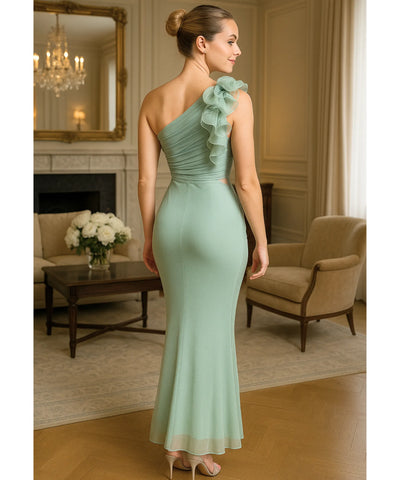 Comprar vestido longo de festa verde ombro só babados chiffon drapeado elegante casamento noite barato em promoção LADY DRESS