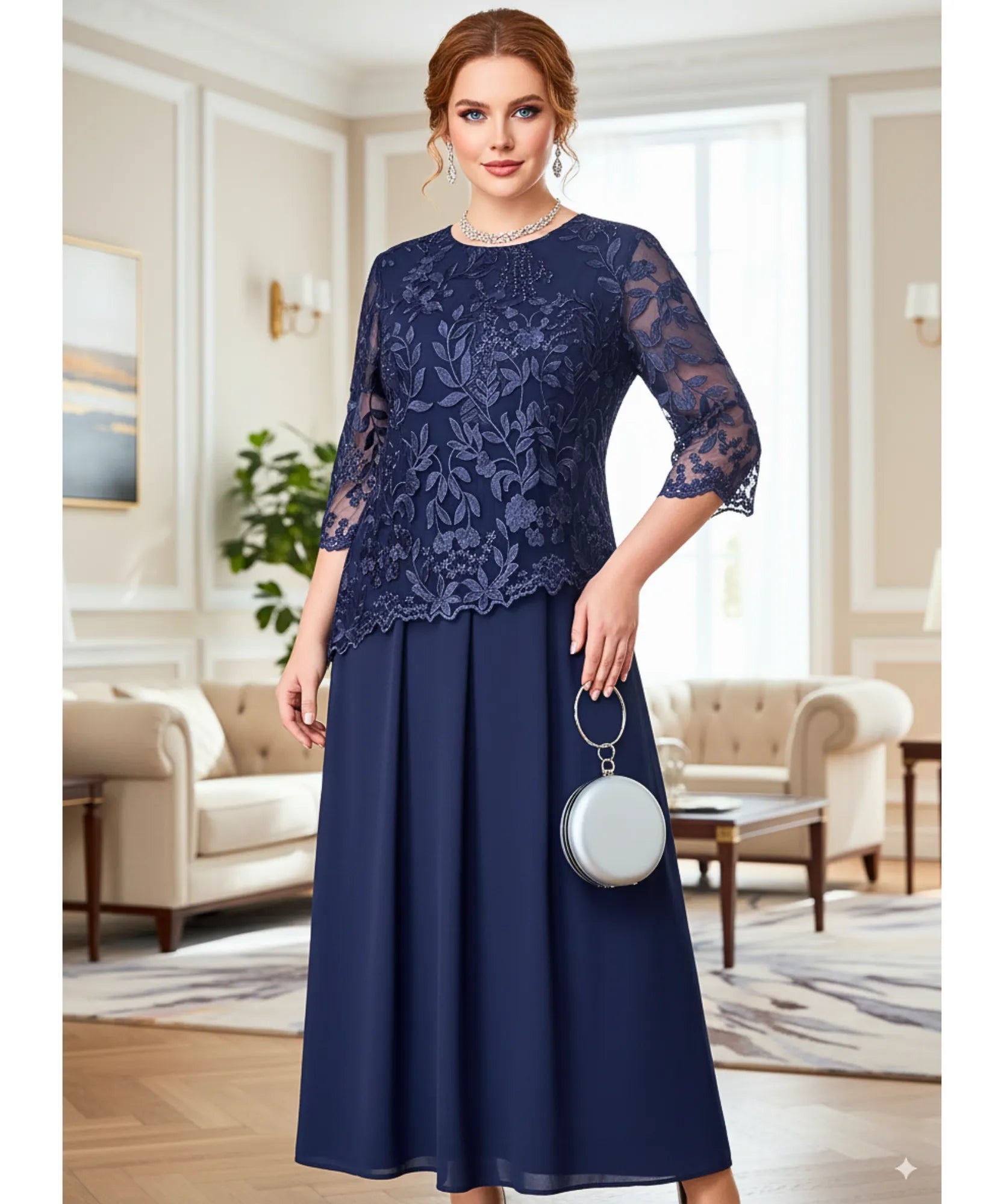 Comprar vestido longo festa plus size renda bordada feminino elegante manga 3/4 casamento promoção ANELLIMN