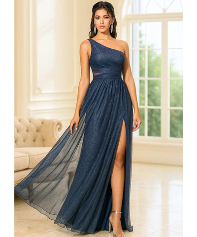 Comprar vestido longo festa um ombro só AZUL metalizado brilhante elegante para casamentos formaturas em promoçã0  LADY DRESS
