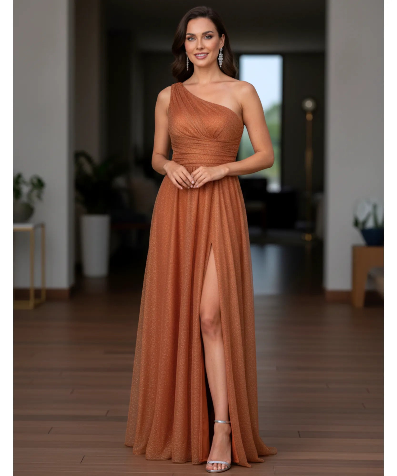 Comprar vestido longo festa um ombro só metalizado brilhante elegante para casamentos formaturas em promoçã0  LADY DRESS
