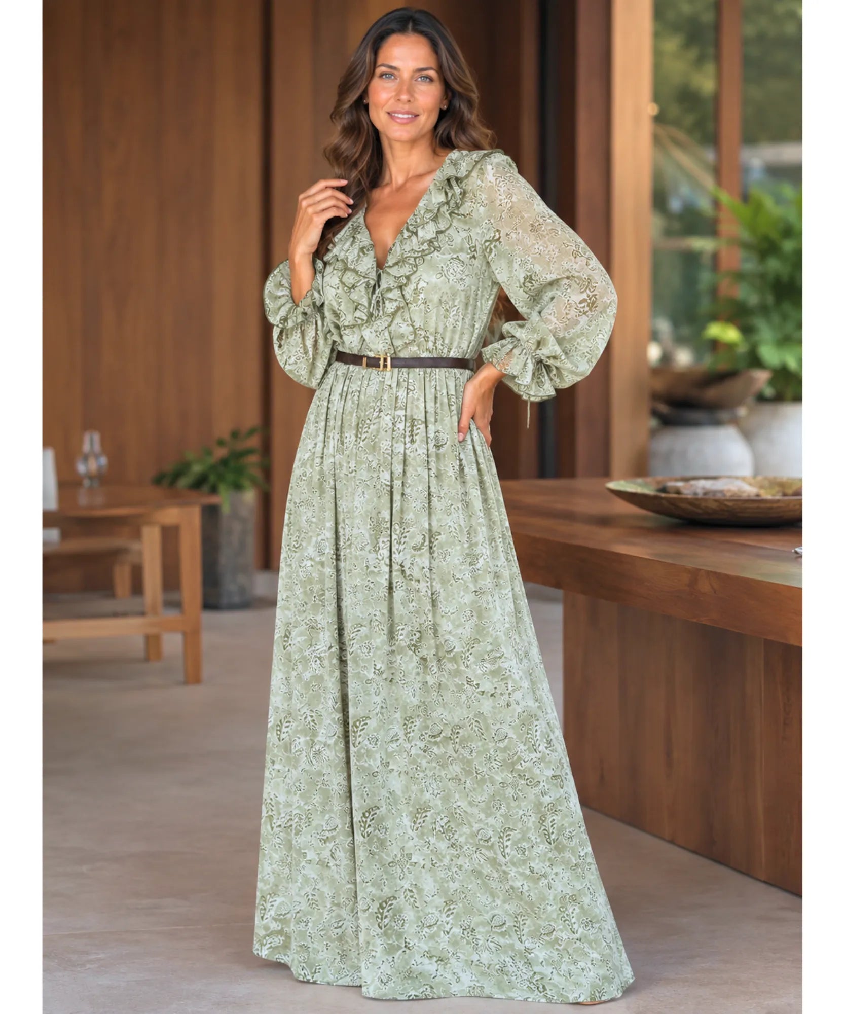 Comprar vestido longo floral feminino manga bufante verde oliva em promoção Anellimn