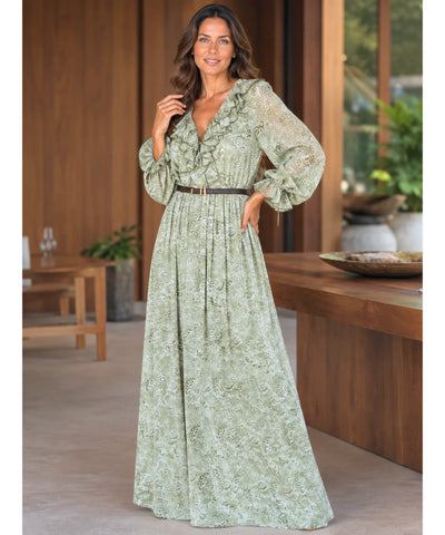 Comprar vestido longo floral feminino manga bufante verde oliva em promoção Anellimn