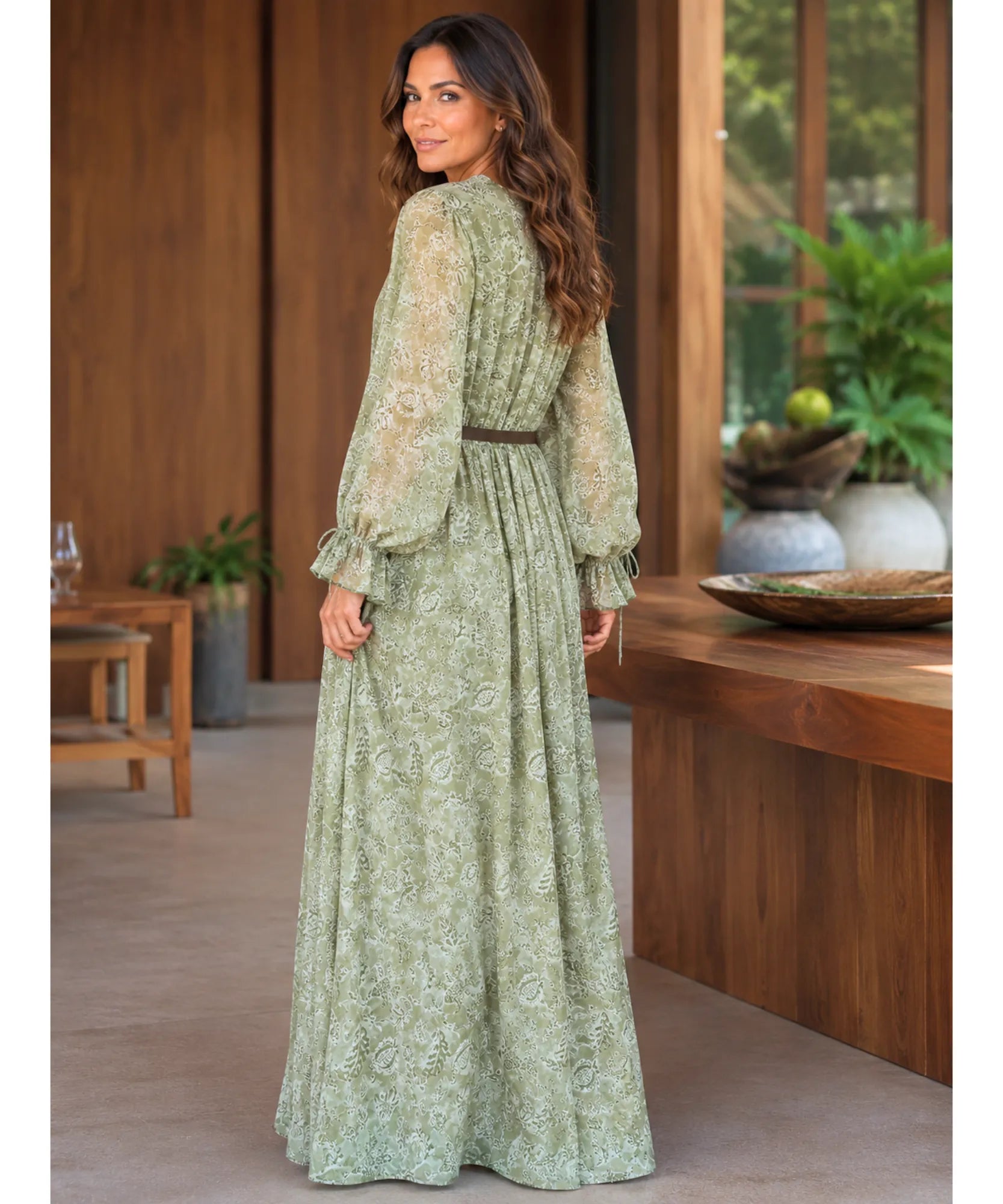 Comprar vestido longo floral decote V nas costas verde oliva em promoção Anellimn