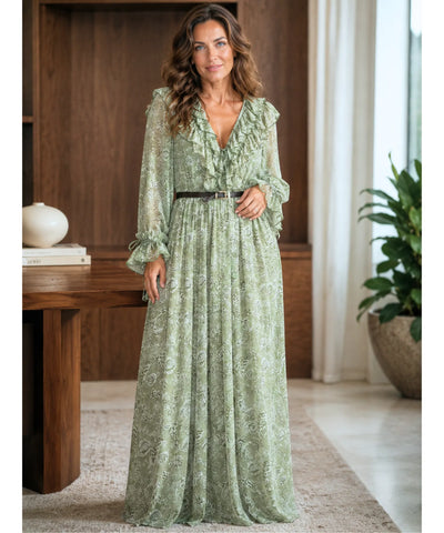 Comprar vestido longo floral manga longa bufante verde oliva em promoção Anellimn