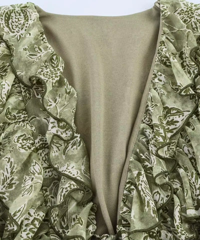 Comprar vestido longo floral decote V com babados verde oliva em promoção Anellimn