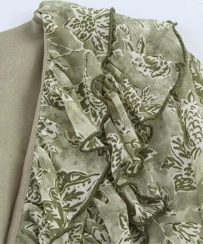 Comprar vestido longo floral babados no decote verde oliva em promoção Anellimn