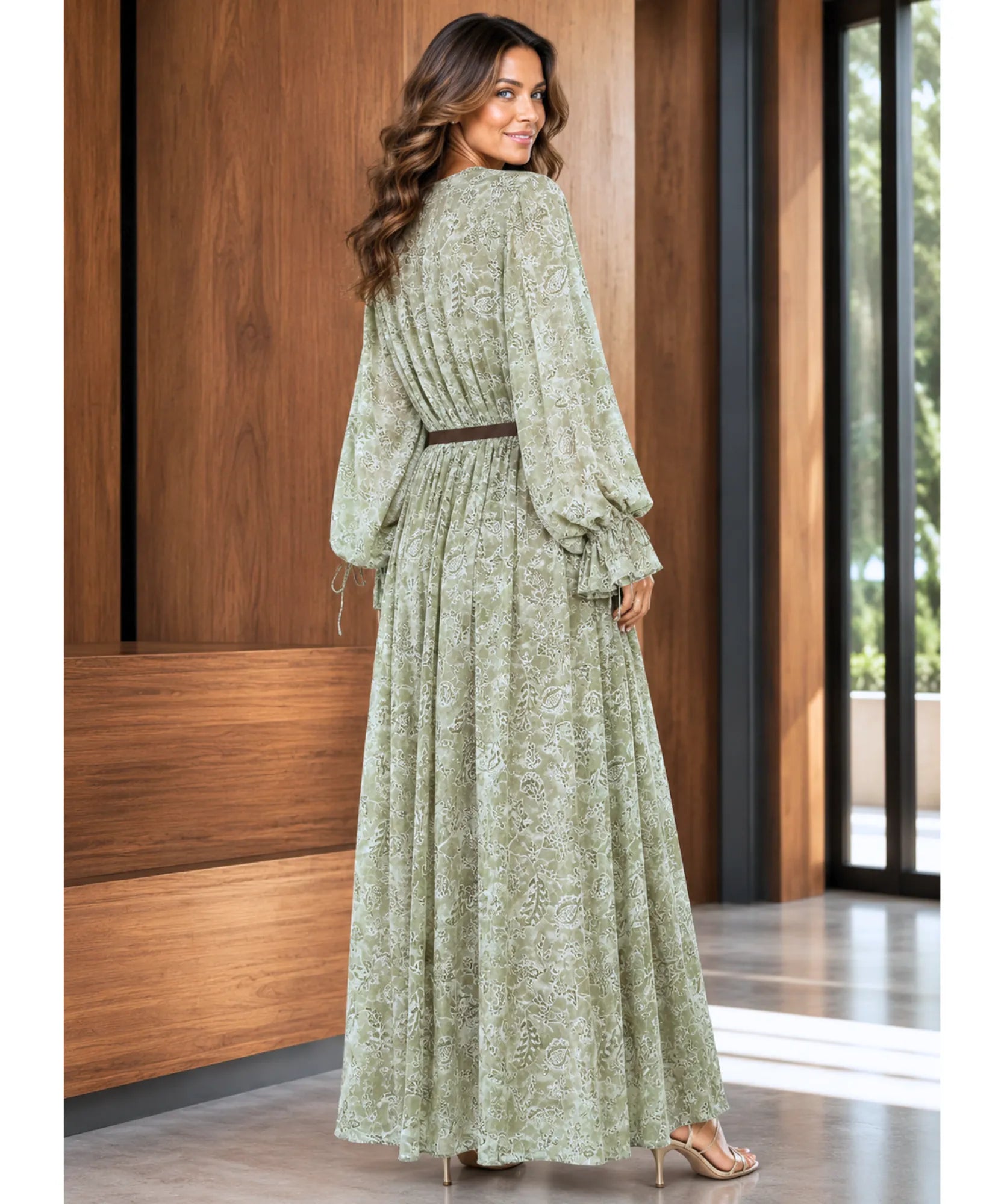 Comprar vestido longo floral costas caimento fluido verde oliva em promoção Anellimn