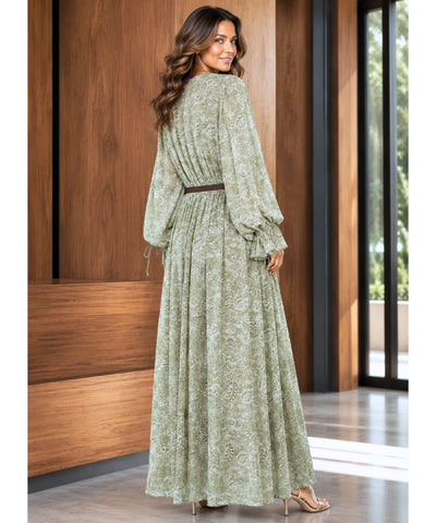 Comprar vestido longo floral costas caimento fluido verde oliva em promoção Anellimn