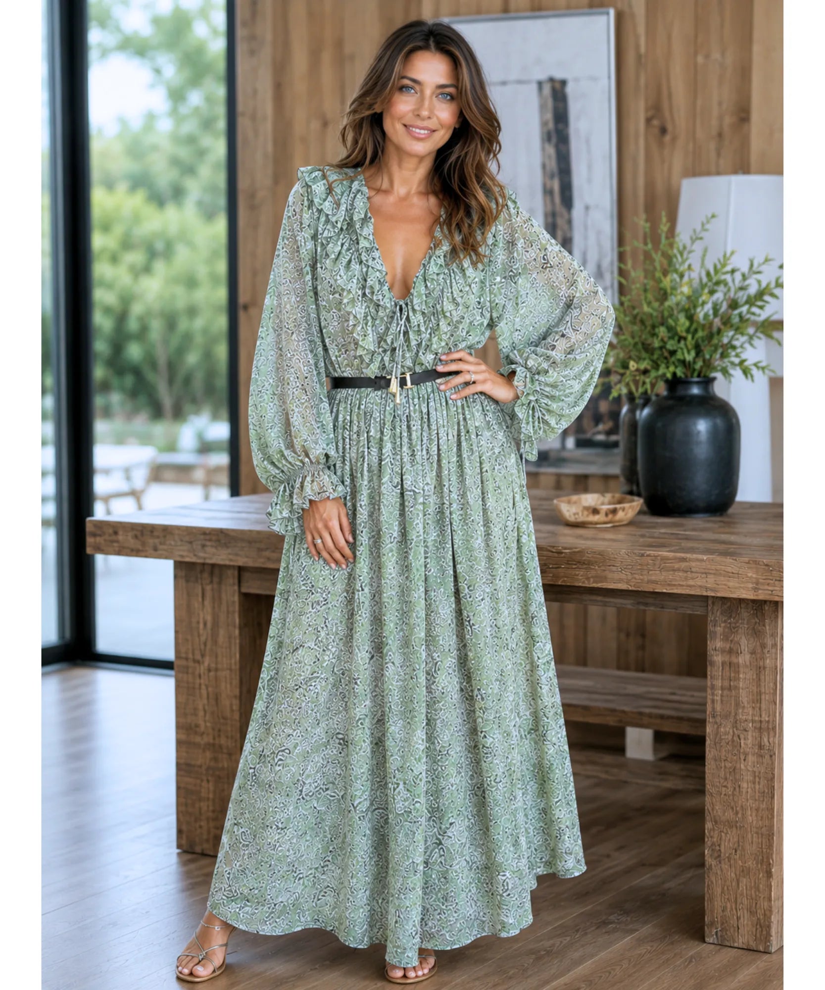 Comprar vestido longo floral casual elegante verde oliva em promoção Anellimn