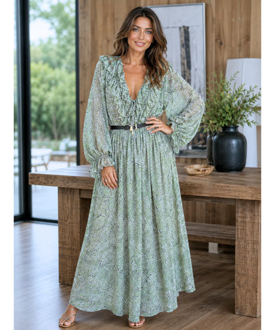 Comprar vestido longo floral casual elegante verde oliva em promoção Anellimn