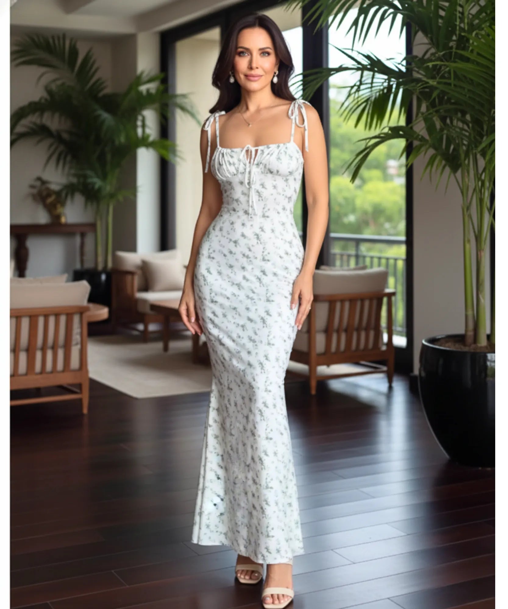 Comprar Vestido Longo Florido Sereia Feminino Alças Ajustáveis Viscose Casual barato em promoção ZARA