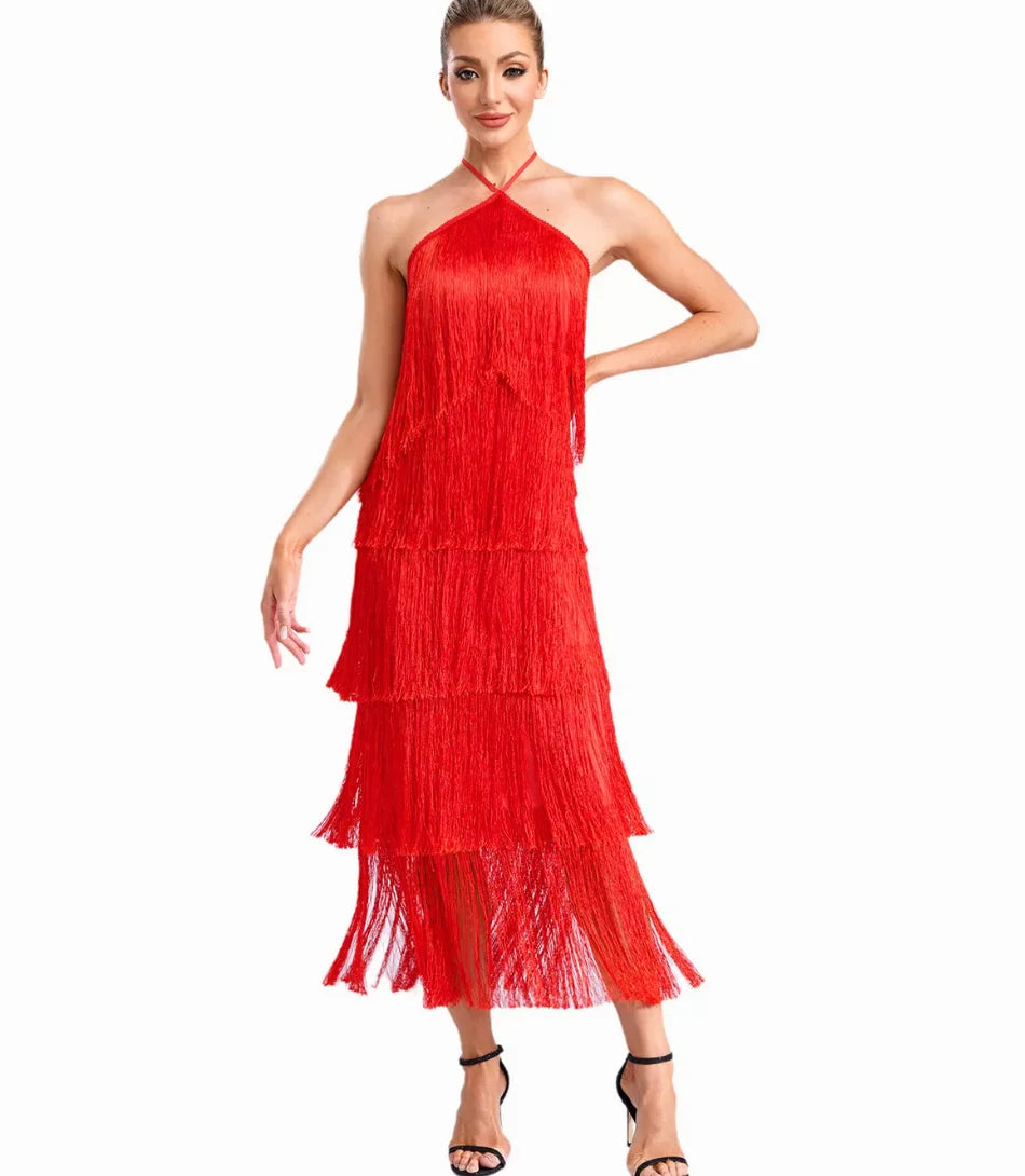 Comprar Vestido Longo de Festa Elegante barato com Franjas Vermelho - Anellimn
