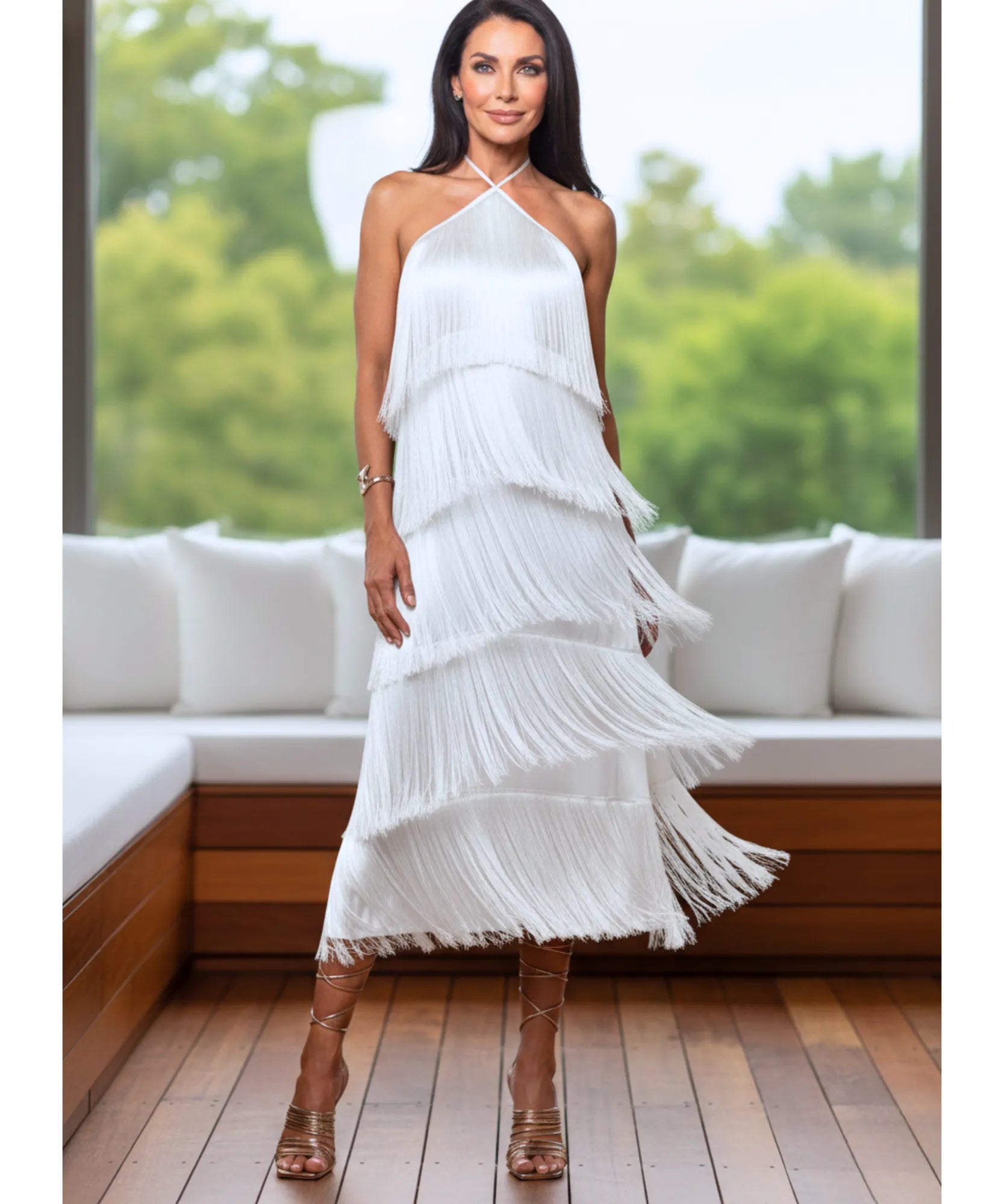 Comprar vestido de festa longo com franjas frente única elegante para festa casamento formatura barato em promoção LADY DRESS