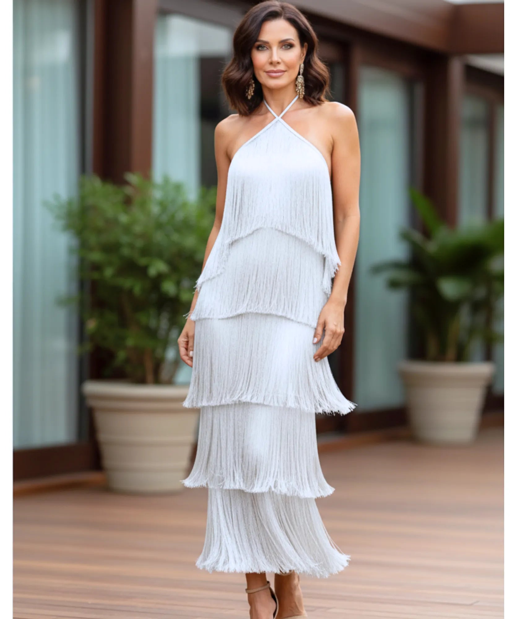 Comprar vestido de festa longo com franjas frente única elegante para festa casamento formatura barato em promoção LADY DRESS
