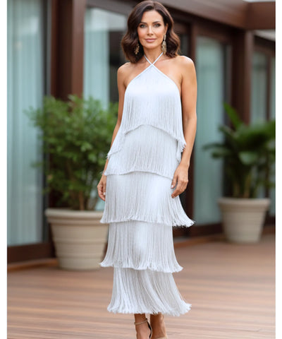 Comprar vestido de festa longo com franjas frente única elegante para festa casamento formatura barato em promoção LADY DRESS