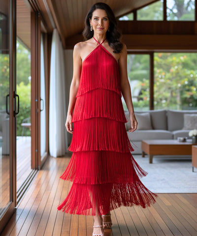 Comprar vestido de festa longo com franjas frente única elegante para festa casamento formatura barato em promoção LADY DRESS