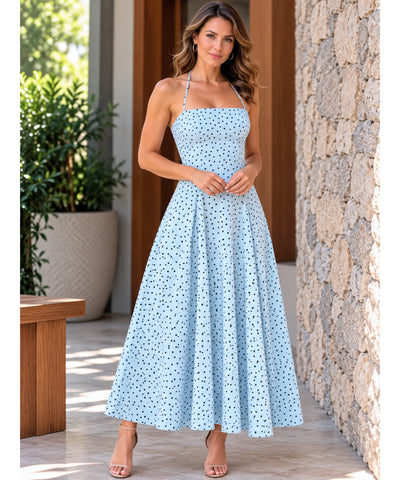 Vestido longo frente única azul serenity com estampa de poá