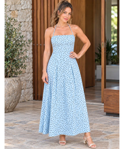 Vestido longo azul serenity de poá com alças no pescoço