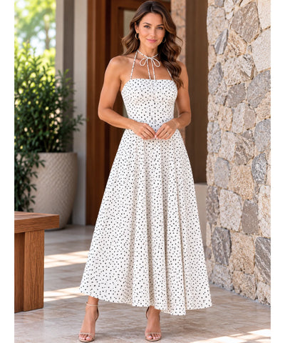 Vestido longo branco com poá preto e decote frente única