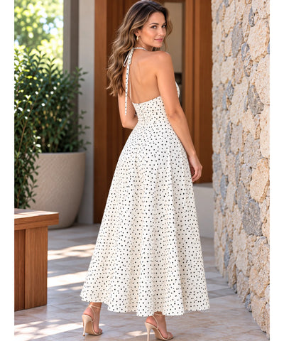 Comprar vestido longo frente única branco de poá com costas abertas em promoção Anellimn