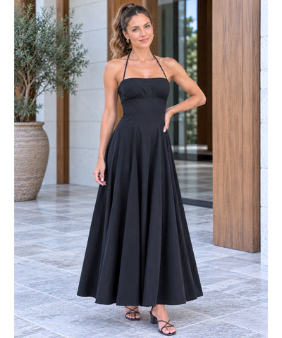 Vestido longo frente única preto de corpo inteiro com saia evasê