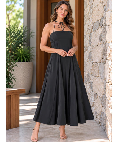 Vestido longo preto com amarração no pescoço e saia rodada