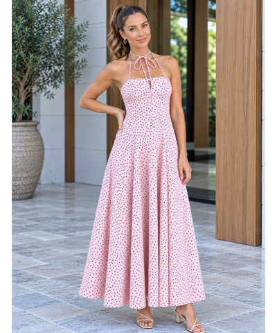 Vestido longo frente única rosa com poá e laço no pescoço