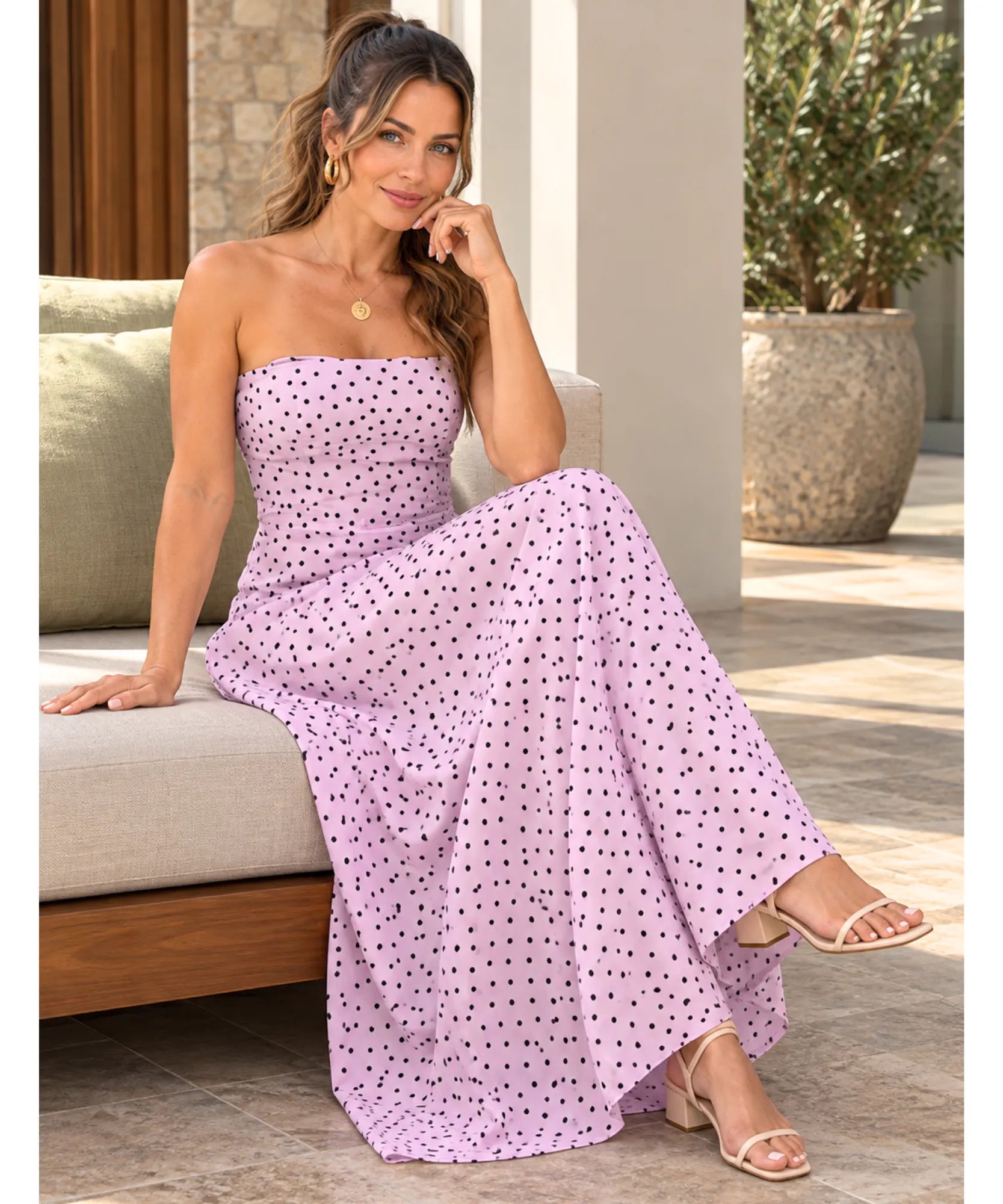 Comprar vestido longo frente única rosa com poá em promoção Anellimn