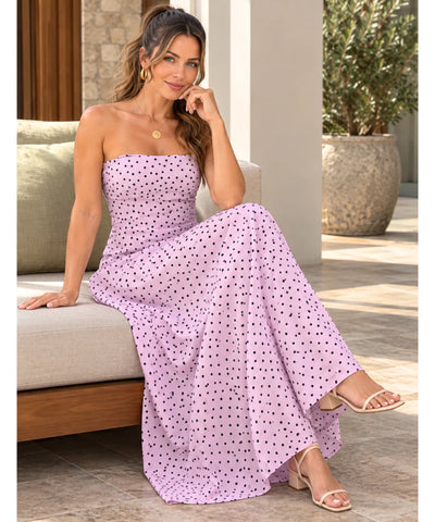 Comprar vestido longo frente única rosa com poá em promoção Anellimn