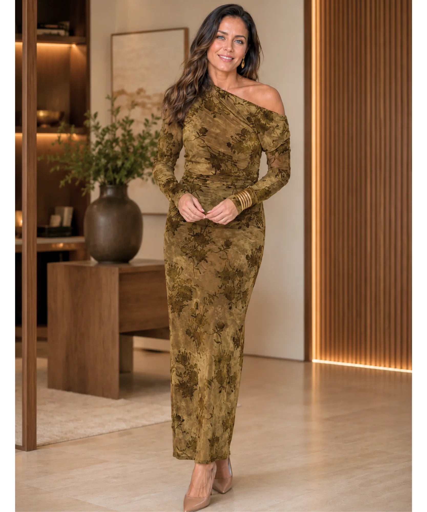 Comprar vestido longo justo manga longa um ombro só verde oliva em promoção Anellimn