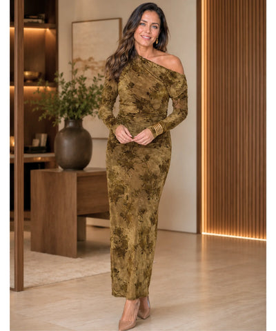 Comprar vestido longo justo manga longa um ombro só verde oliva em promoção Anellimn