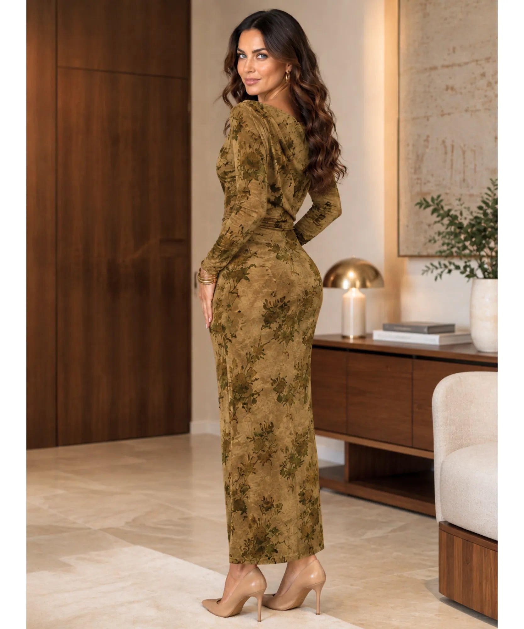 Comprar vestido longo justo veludo devoré floral verde oliva em promoção Anellimn