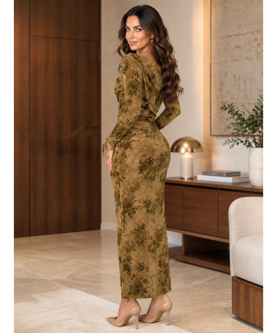 Comprar vestido longo justo veludo devoré floral verde oliva em promoção Anellimn