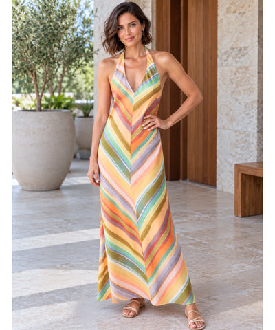 Comprar vestido longo listrado frente única colorido em promoção Anellimn