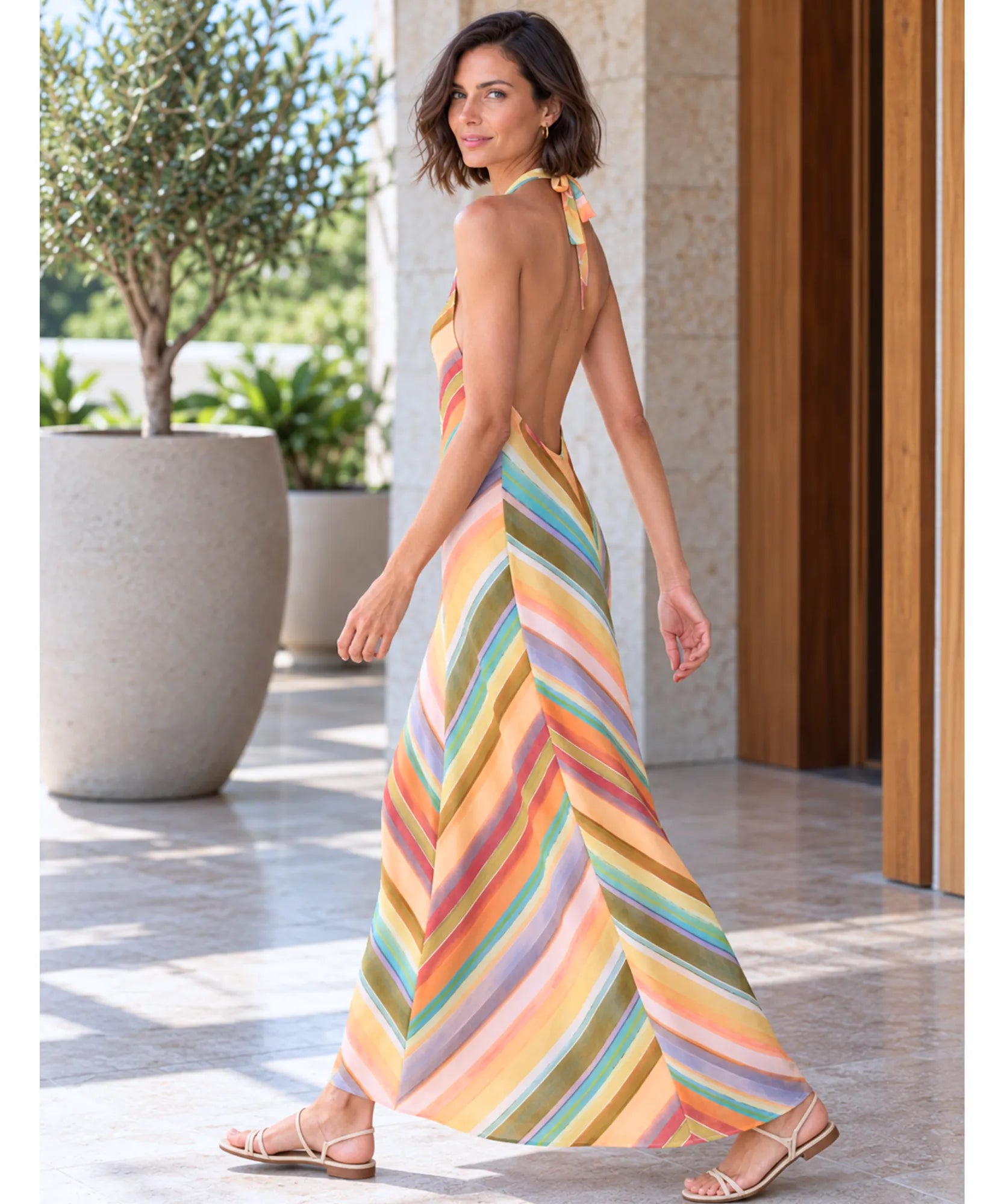 Comprar vestido longo listrado costas abertas colorido em promoção Anellimn