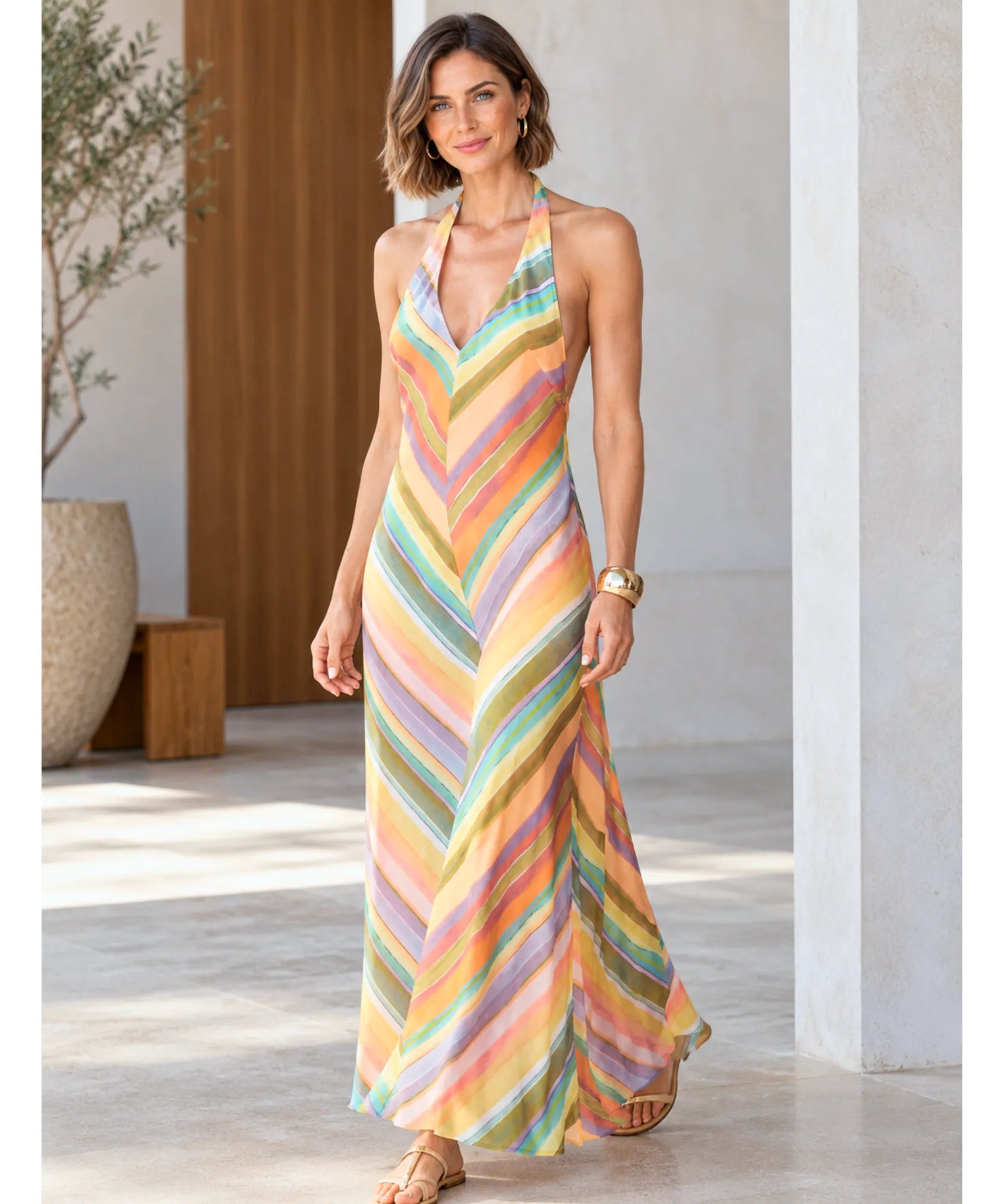 Comprar vestido longo listrado de verão colorido em promoção Anellimn