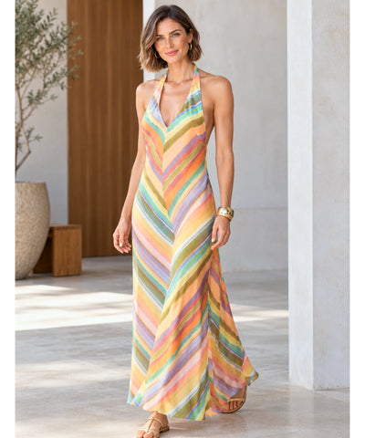 Comprar vestido longo listrado de verão colorido em promoção Anellimn