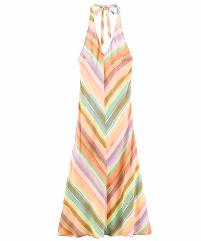 Comprar vestido longo listrado frente única chevron colorido em promoção Anellimn