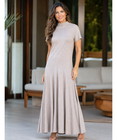 Comprar vestido longo malha canelada gola alta elegante para o dia a dia e trabalho em promoção ANELLIMN