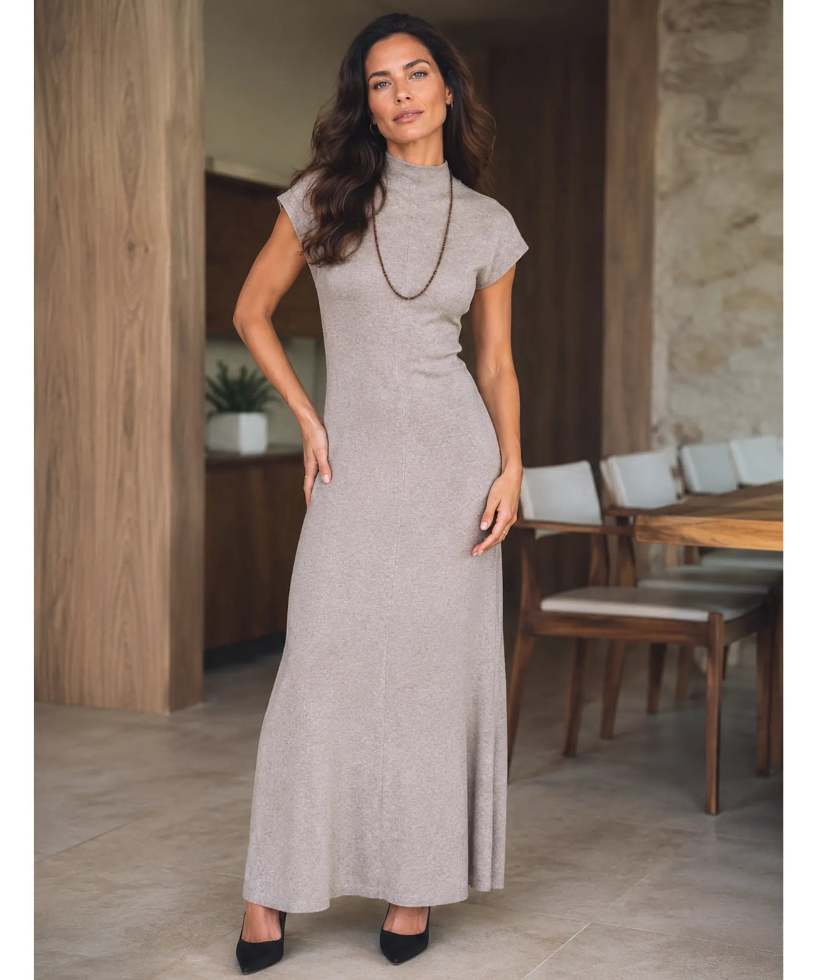 Comprar vestido longo malha canelada gola alta elegante para o dia a dia e trabalho em promoção ANELLIMN
