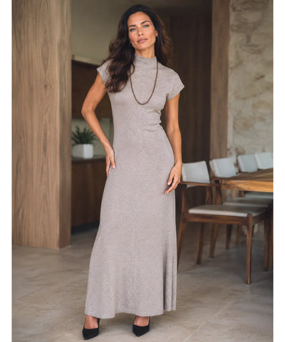 Comprar vestido longo malha canelada gola alta elegante para o dia a dia e trabalho em promoção ANELLIMN