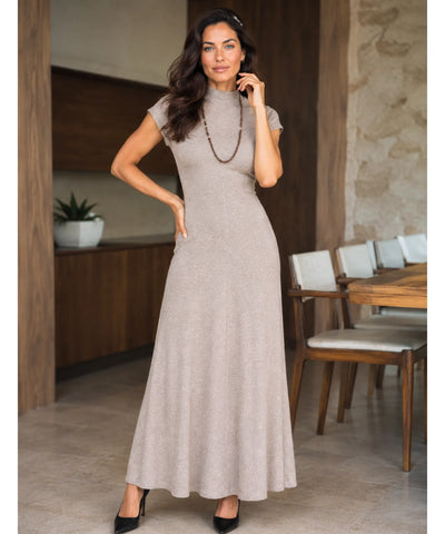 Comprar vestido longo malha canelada gola alta elegante para o dia a dia e trabalho em promoção ANELLIMN